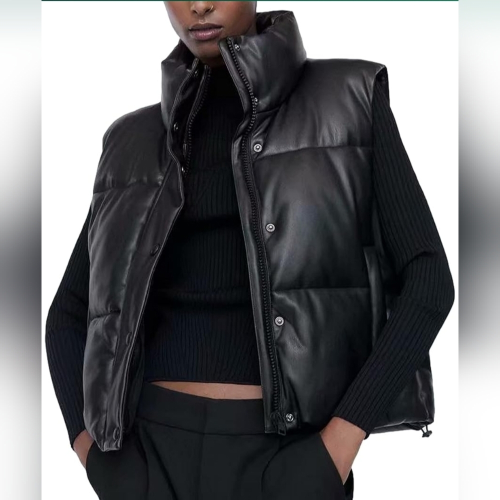 Womens PU Leather Cropped Puffer Vest WinterFaux Leather ZipUp Sleeveless Jacket